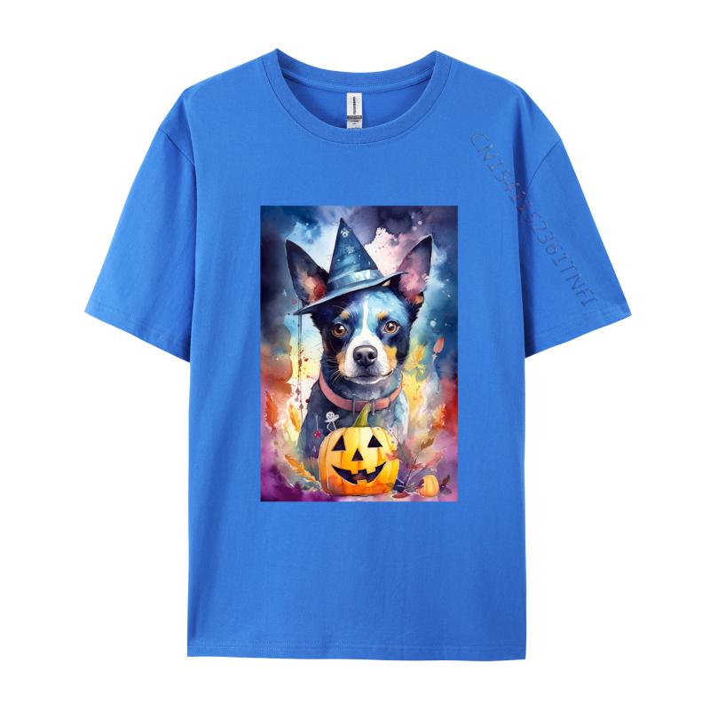 Halloween Blue Heeler With Pumpkins Dog T Shirt New Coming Cotton Adult T Shirt Slim Fit Fitted Round Neck TShirt