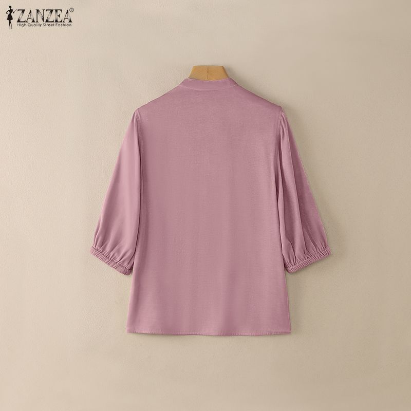 ZANZEA Damska codzienna bluzka z luźnym krojem, ze stójką, w jednolitym kolorze, z rękawami 3/4