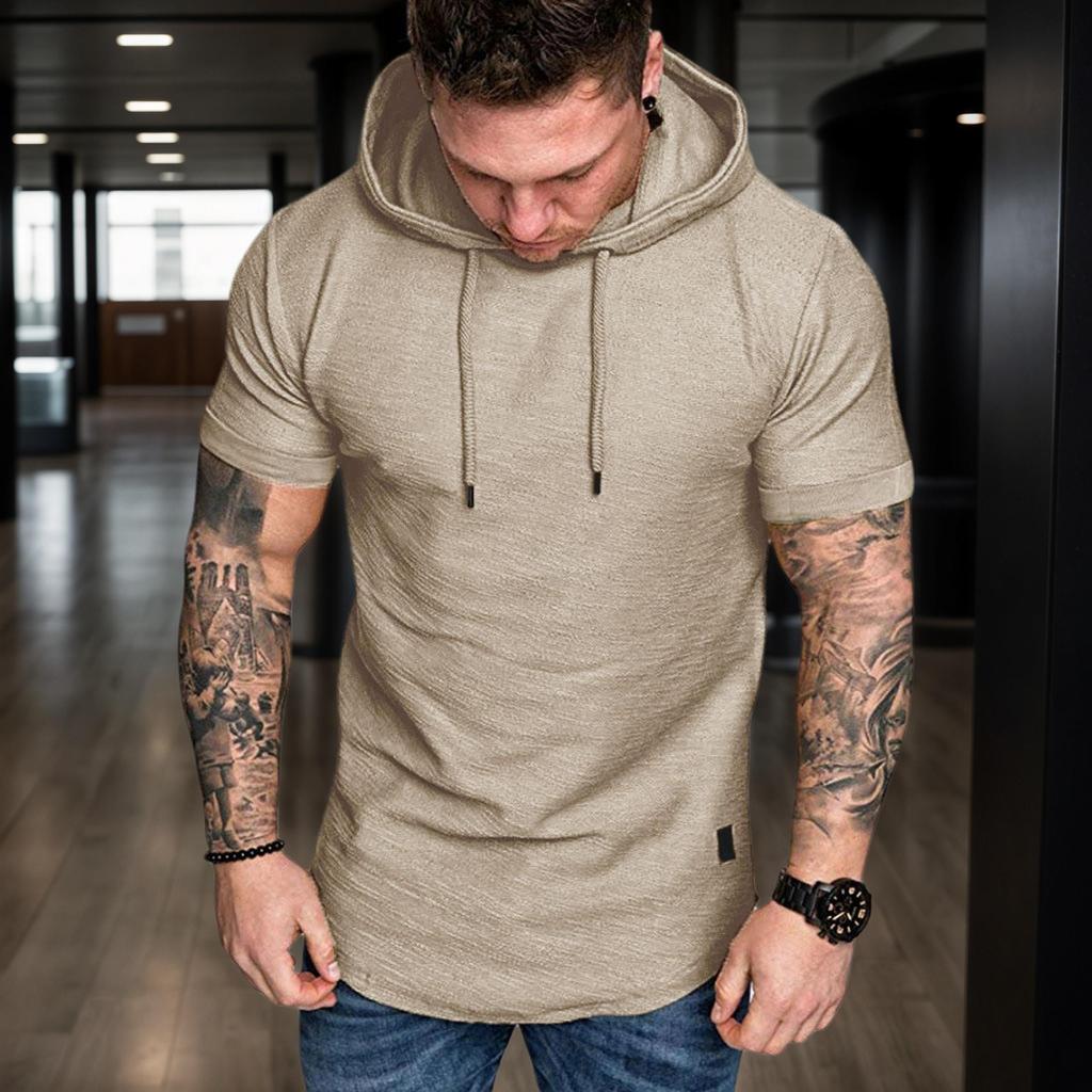Spring Collection Men's Stylish Short Sleeve Hoodie with Front Pocket & Branded Patch - Casual Athletic Wear