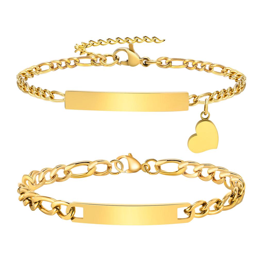 Personalized Matching Bracelet Couples, Stainless Steel Figaro Cuban Chain Link, Heart Danglin Engraving ID Bracelets