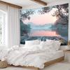 2D Printed Swedish Lake Scenery Backdrop, Wooden Deck & Foggy Forest Photo Background for Party & Studio