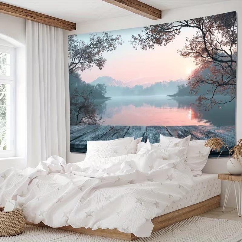 2D Printed Swedish Lake Scenery Backdrop, Wooden Deck & Foggy Forest Photo Background for Party & Studio