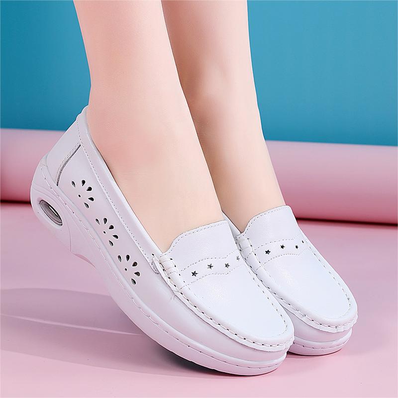 Fashion New Women Flat Genuine Leather Nurse Shoes Casual White Wedge Soft Bottom Slip On Moccasins Comfortable Hollow Out Work Shoes
