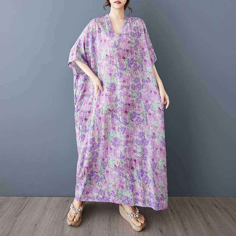 Summer Floral Vacation Style Travel V-neck Retro Long Dress To Hide The Flesh Cotton and Linen Dress