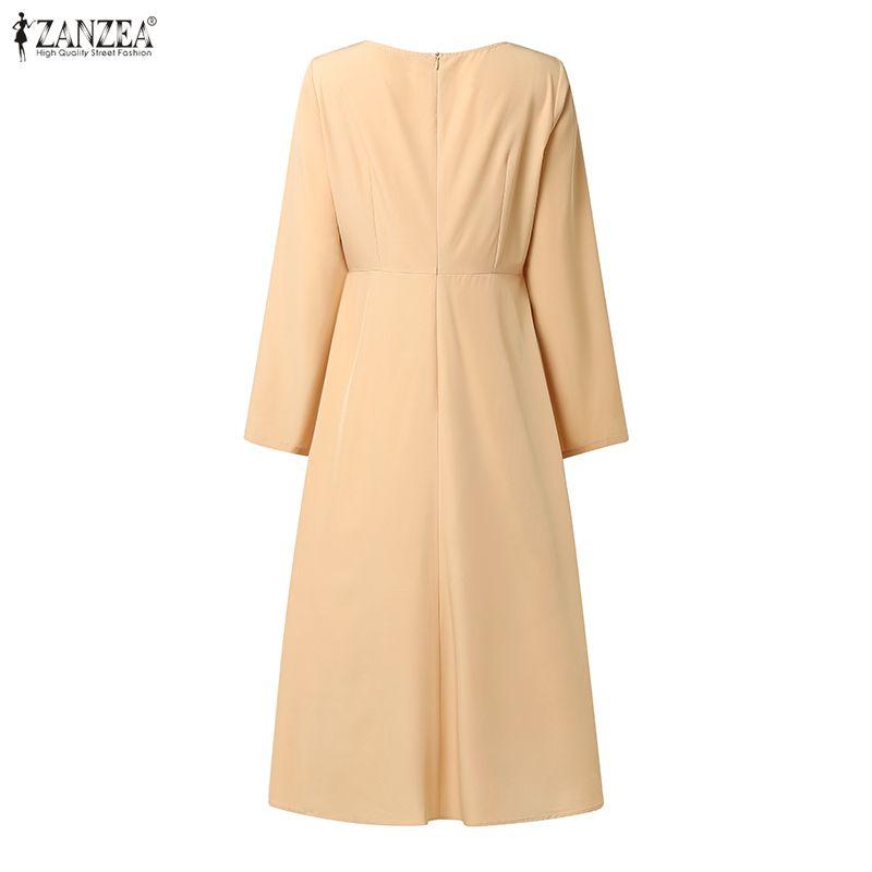 ZANZEA Women Elegant Square Collar Casual Long Sleeve Splice Pleated Dress