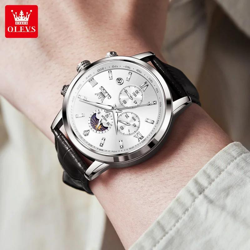 OLEVS Mens Watch Original Comfortable Quartz Watch Leather Strap Waterproof Luminous Moon Phase Watch For Man Automatic Date Watches