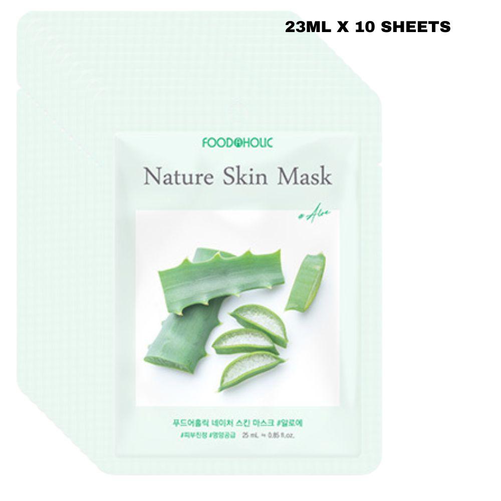 FoodaHolic Nature Skin Mask Aloe 23ml X 10 Sheets - Calming & Hydrating Facial Sheet Mask Pack for Sensitive Skin (10 Sheets)