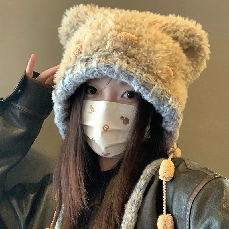 Cute Plush Hat Women's Winter Plush Knitted Wool Hat, Ear Protector, Warm, Fluffy Northeast Cold-proof Lei Feng Hat