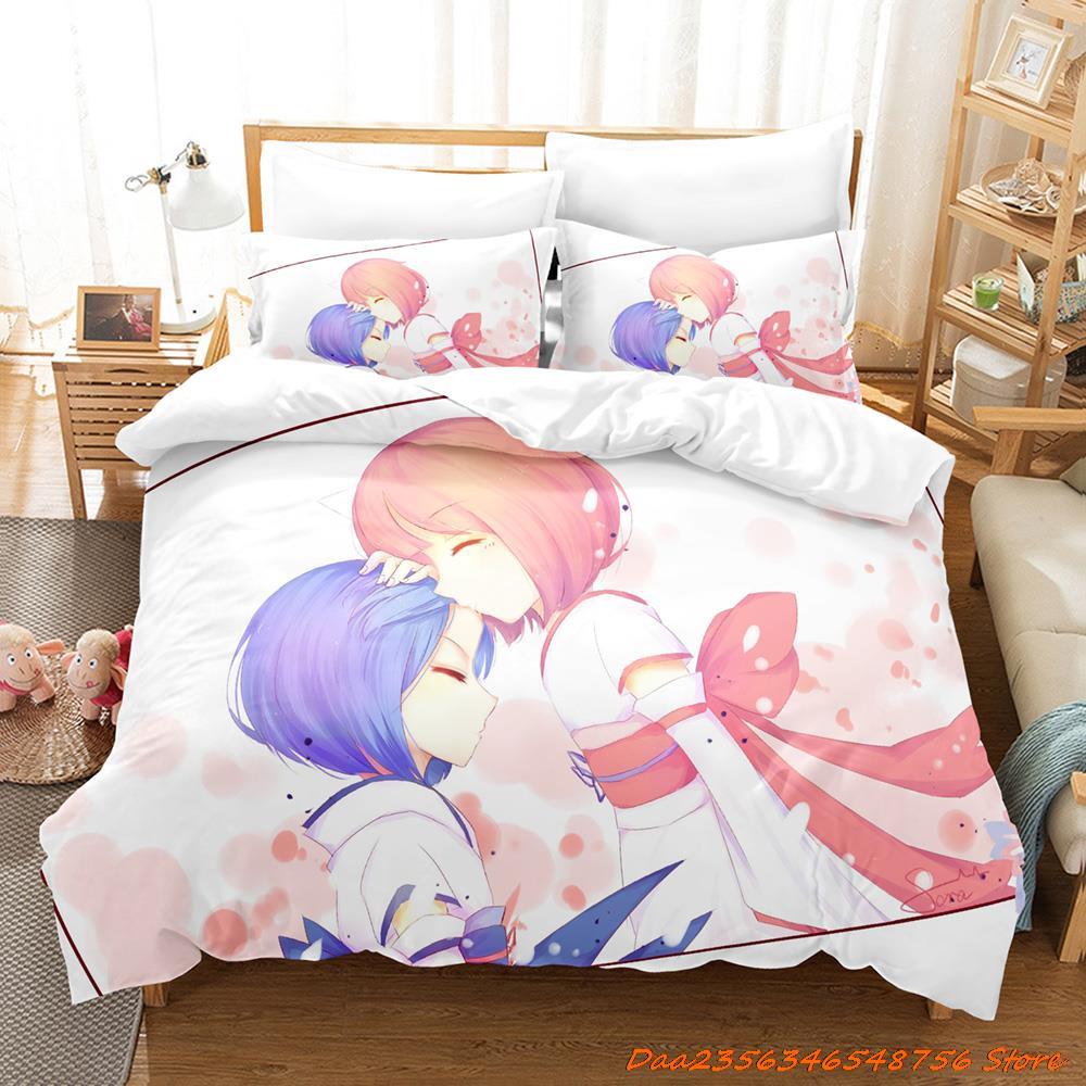 Comforter Re Zero Rem Ram Bedding Set Cartoon Anime Three-Piece Set Adult Kid Bedroom Duvet Sets 3D Kawaii Girl Twin Set