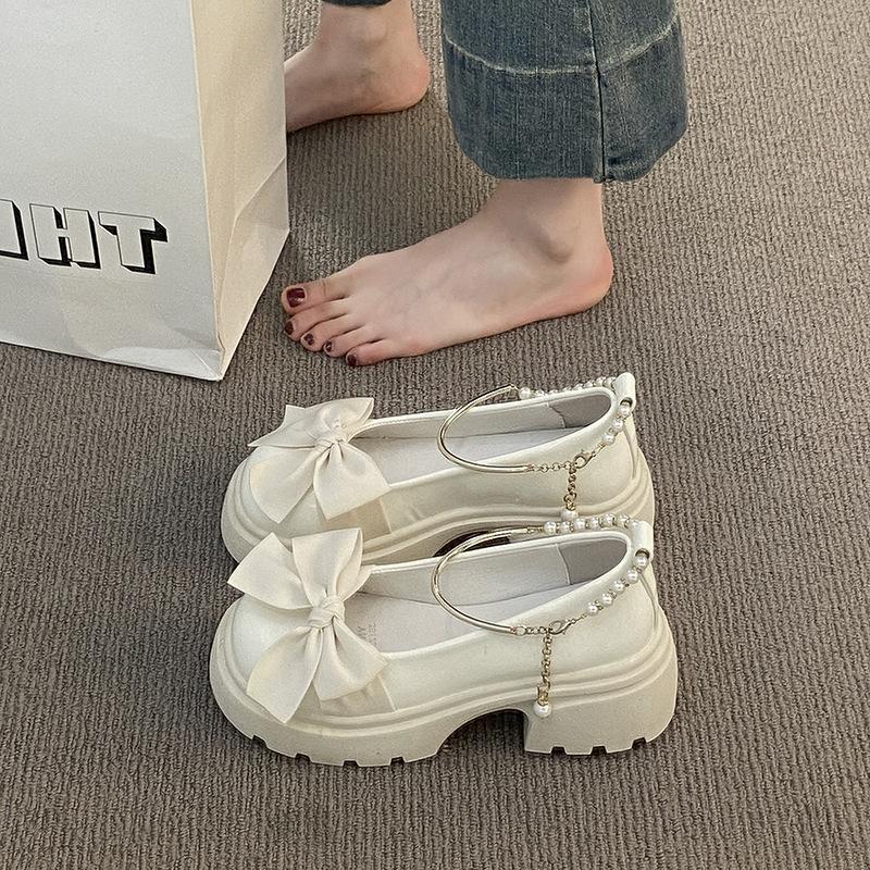

High-heeled Mary Jane small leather shoes girl 2025 autumn new fairy style bow thick-soled thick-heeled pearl with skirt 40
