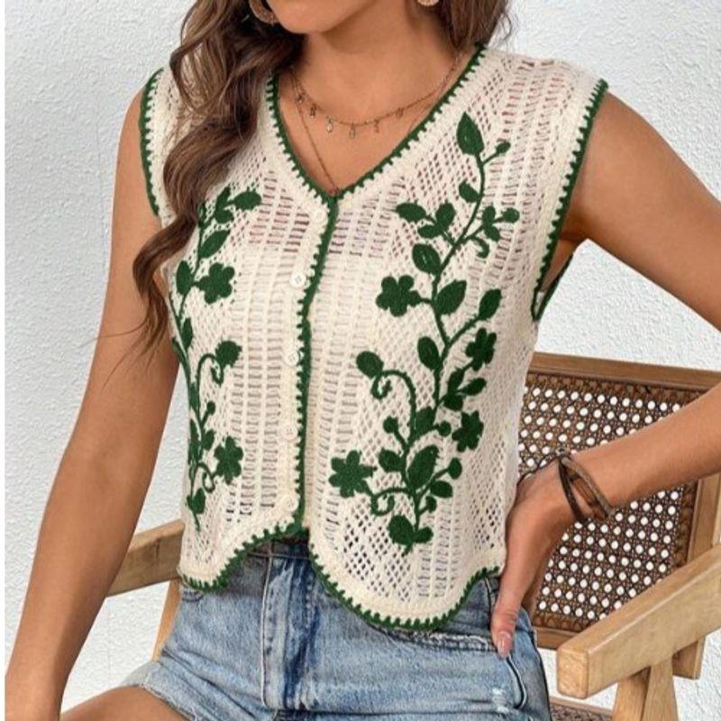 Europe and America Cross Border Spring and Summer V Neck Plant Pattern Knitting Crocheted Cut Out Single-Breasted Short Vest Vest Tops Women