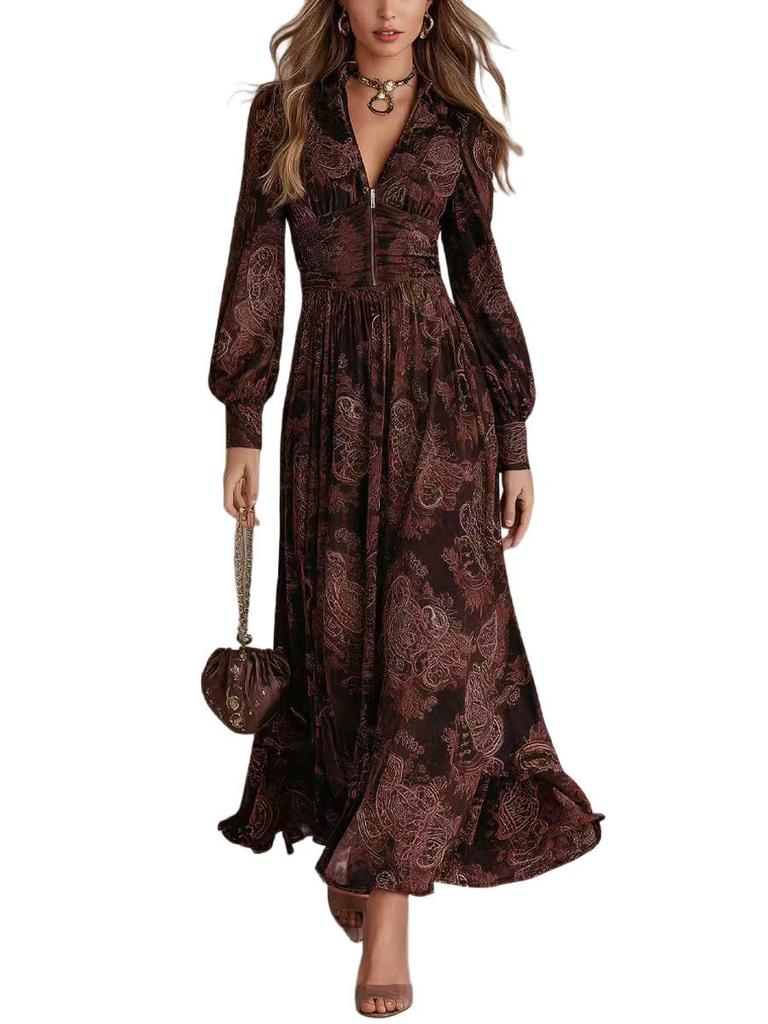 European American Retro Print V-Neck Zipper Long Sleeve Waist-Cinching Dress