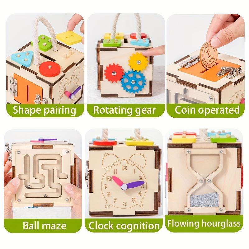 6 Sided Multifunctional Busy Box Recycled Wood Educational Toy for Youngsters 3+ Years, Hand Eye Coordination,Shape/Color Recognition Training