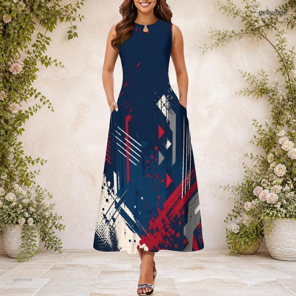 Women Plus Size Keyhole Neck Sleeveless Printed A Line Maxi Dress