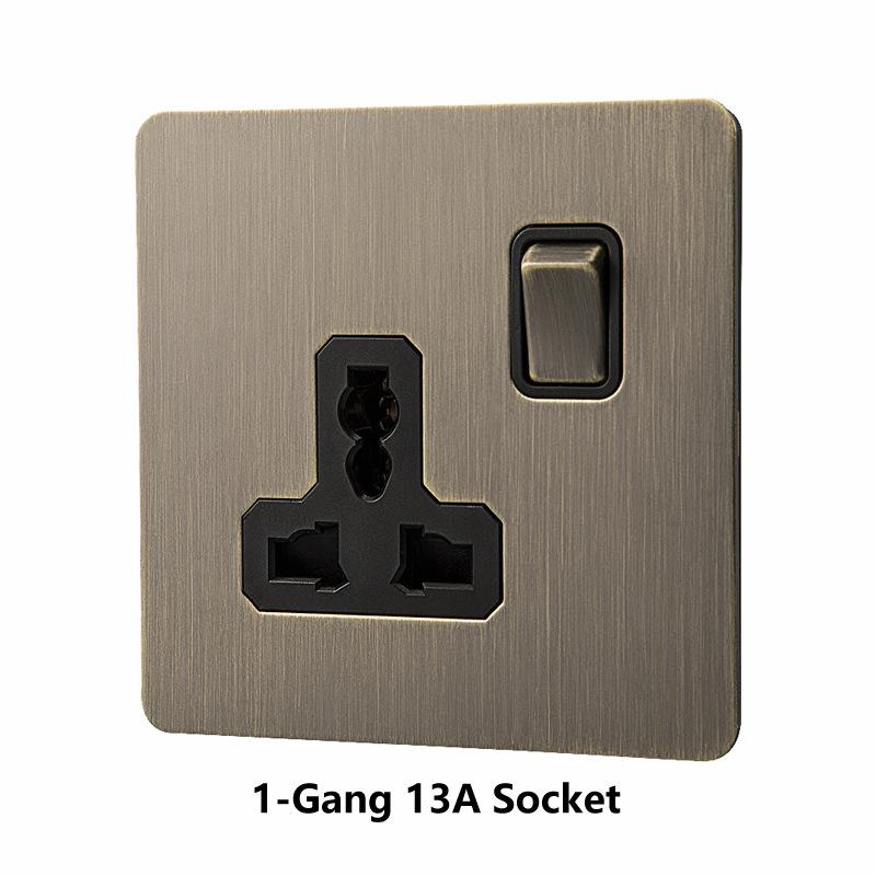 LangYeao Messinghebel UK Kippschalter Buster und Stanzlichtschalter Stil Edelstahlplatte Vintage Retro Wandschalter Steckdose