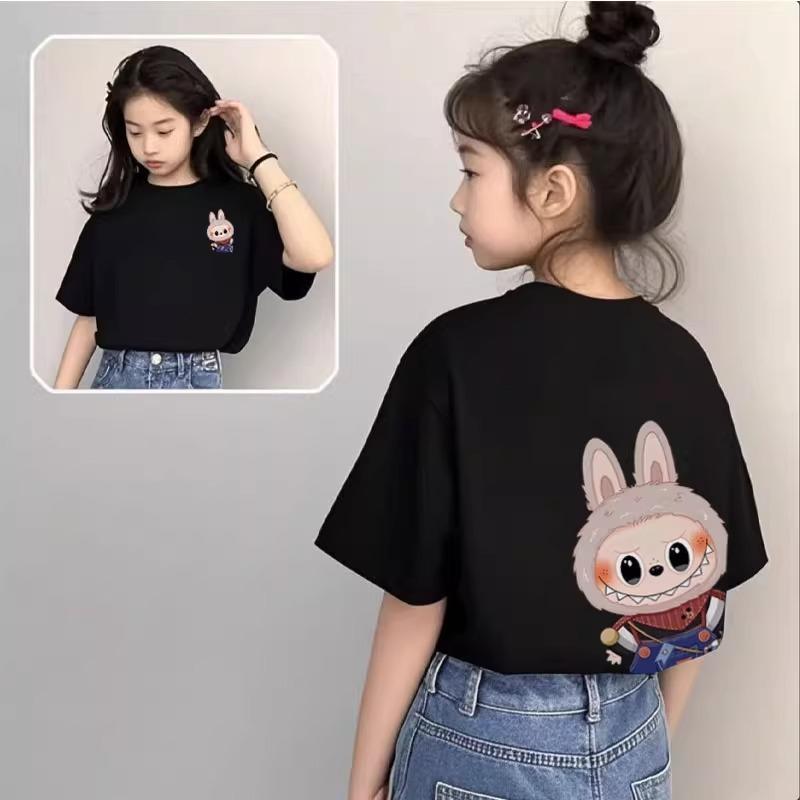 Cartoon Monster Elf Labubu Kids Adult Letter Printed T-shirt Summer Casual Women's Tees Top Girl and Boy Short Sleeve Clothing