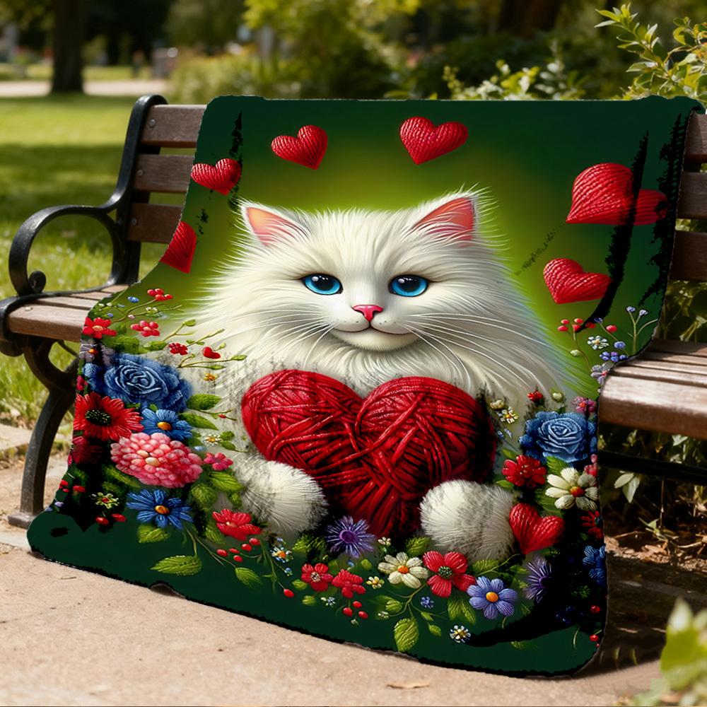1pc Cat Heart Flowers Outdoor Flannel Blanket , Machine Washable Perfect Gift for Birthday , Holiday Travel Accessory , Durable Material