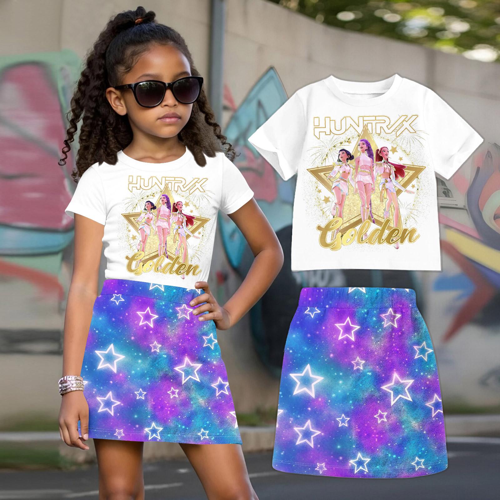 Witch Children s Printed Loose Casual Fashion Round Neck Short Sleeved Top+Short Skirt Set 130 фиолетовый