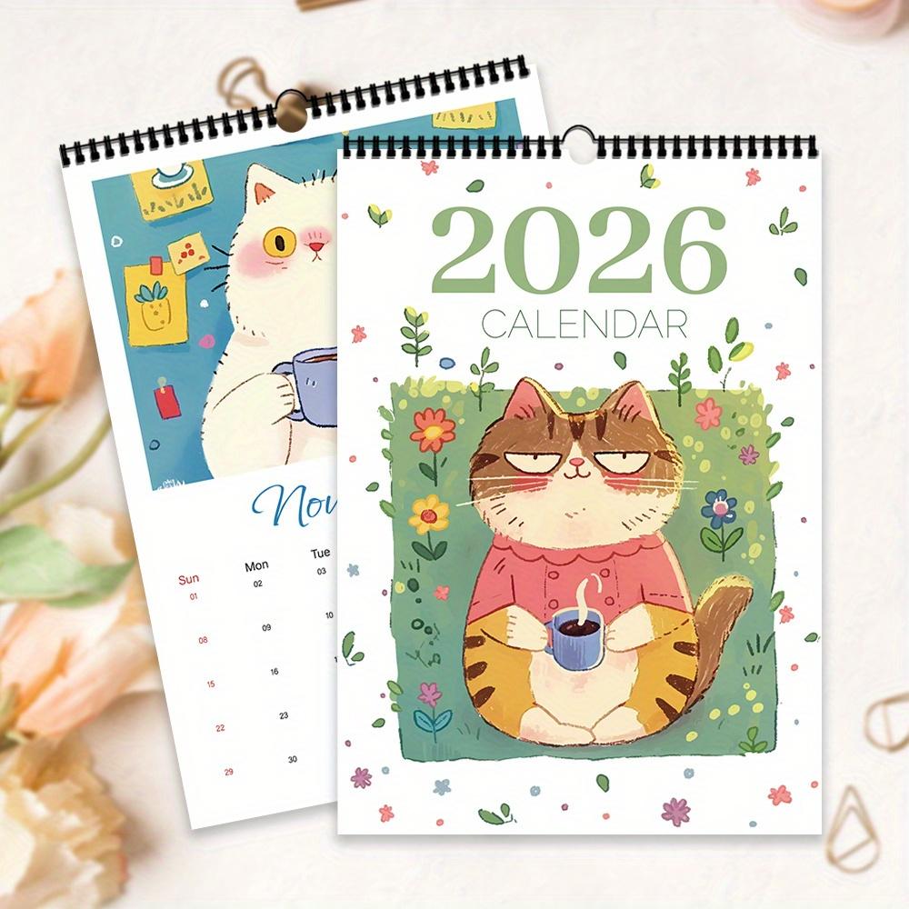 2026 Niedlicher Katzen-Wandkalender - Spiralaufhängungskalender mit 12 handgezeichneten Katzenmotiven 12-Monats-Planer für Zuhause/Büro