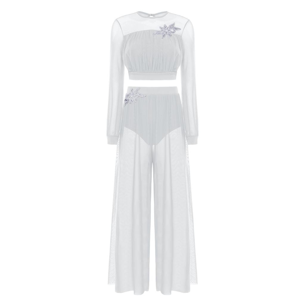 Damen Lyrical Dance Outfits Laternenärmel Rückenfreies Crop Top Eingearbeiteter Slip Netzhose Fließende Tanzbekleidung