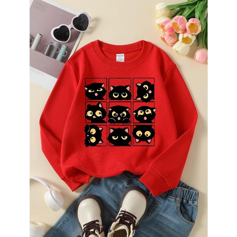 European sizes Adorable Cat Face Crew Neck Sweatshirt for Girls, Autumn Winter Western Long-Sleeved Top for Young Girls.