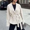 Veste longue pour femme style vintage aspect daim à manches longues avec taille ceinturée coupe ample col polo 2025