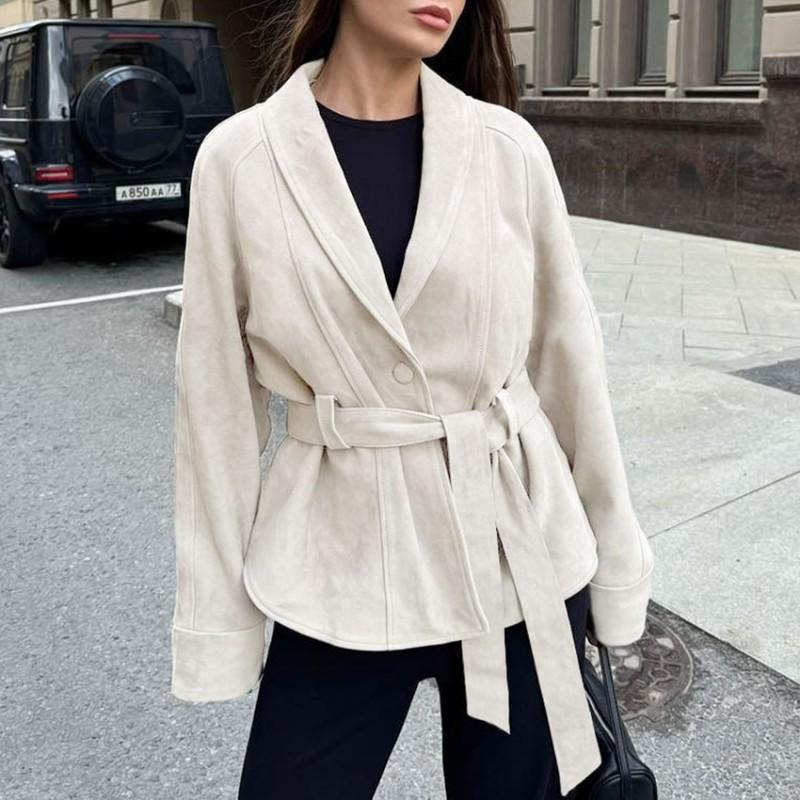 Veste longue pour femme style vintage aspect daim à manches longues avec taille ceinturée coupe ample col polo 2025