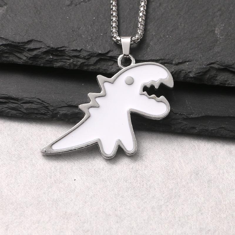 Black & White Dinosaur Pendant Oil Drip Necklace - Fade-resistant Cute Animal Sweater Chain for Couples (Unisex, Fall/Winter).