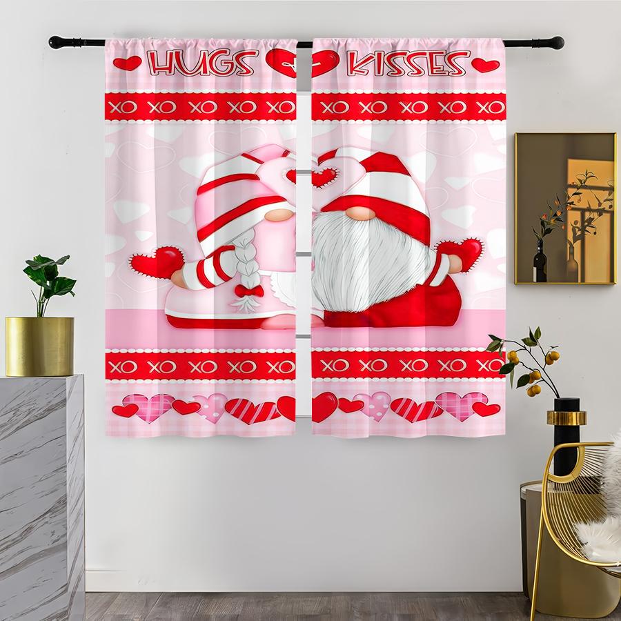 

2PCS pink tone HUGS&KISSES gnome curtains soft and cute style bedroom and living room decorative with pull rod pockets 100*130 Rod Pocket 1pcs