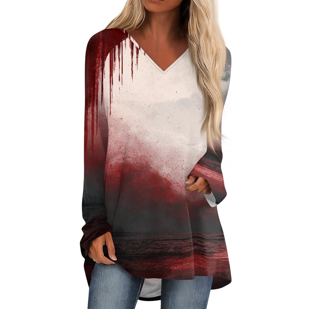 Women's Casual Long Sleeve V-Neck Print Tunic Top for Fall