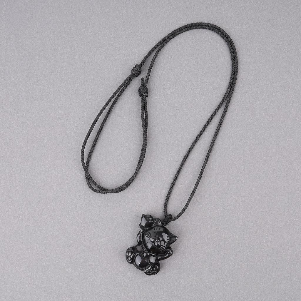 Glückskatze Obsidian Glückskraft Stein Halskette Unisex [Koai]