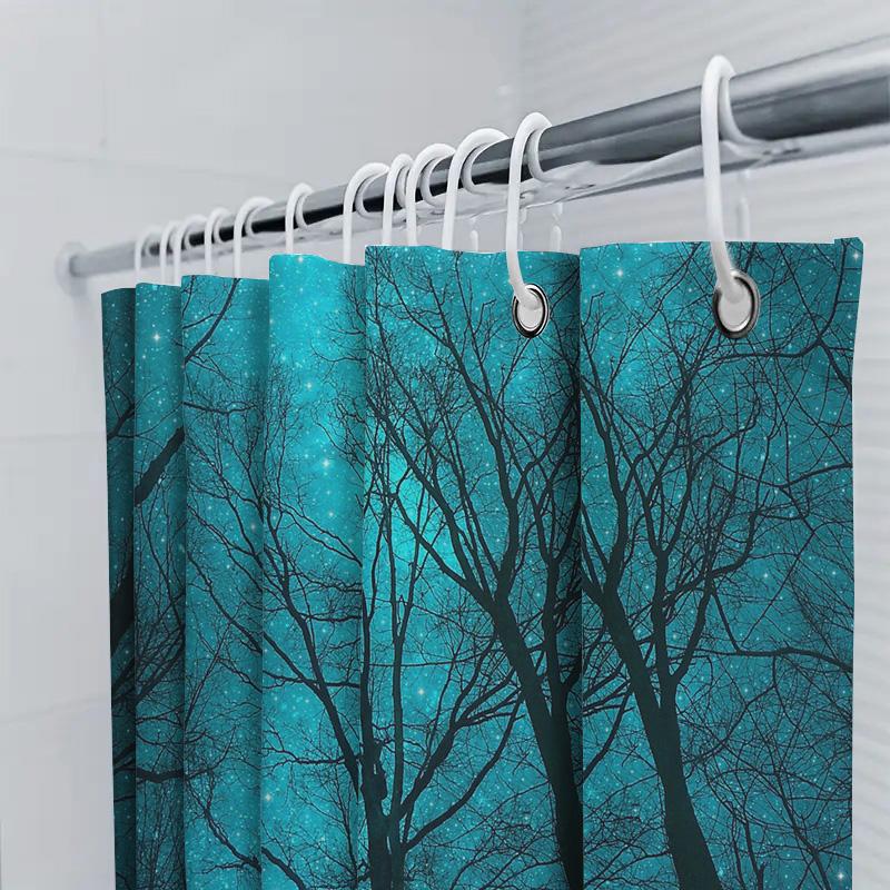 Blå Skog Duschdraperi Skogsnatur Träd Naturskön Bakgrund Turkos Badrumsinredning Vintage Rustik Heminredning Tvättbar Vattentät