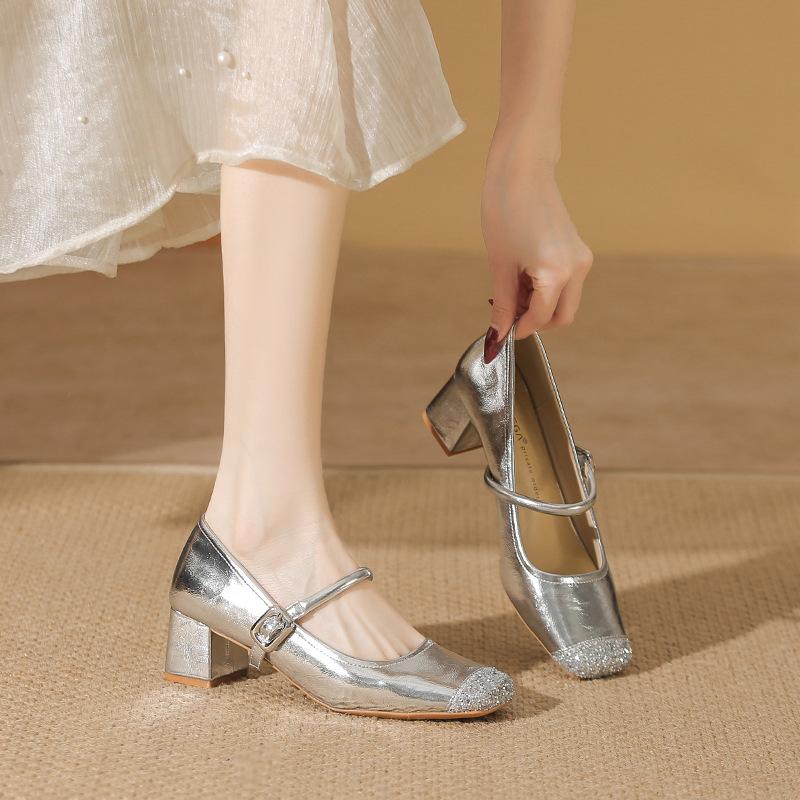Sheepskin not tired feet single shoes square head rhinestone one-word buckle medium thick heel Mary Jane shoes women's high heel ballet shoes