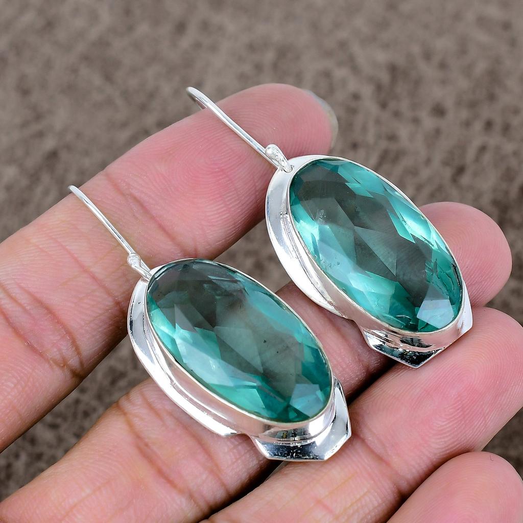 Green Amethyst Gemstone Handmade 925 Sterling Silver Jewelry Earring 2.01" KKG-625