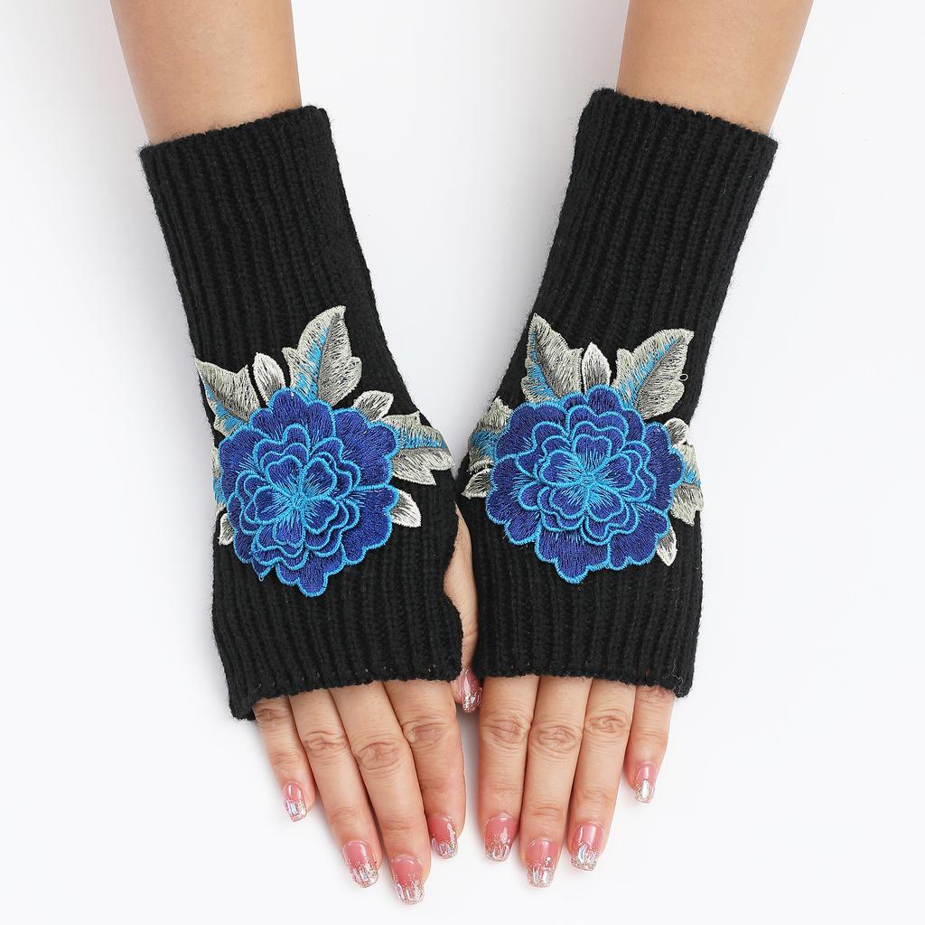 New Autumn and Winter Women's Knitted Woolen Sleeve Sleeves Half Finger Exposed Gloves Fashionable and Warm Short Wrist Guards Flower Gloves