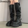 Autumn Winter Belt Buckle Women Knee High Boots Fashion Thick Heels Punk Style Knight Long Booties  De Mujer