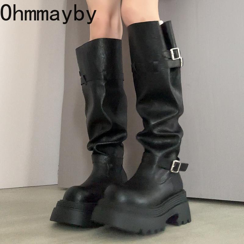 Autumn Winter Belt Buckle Women Knee High Boots Fashion Thick Heels Punk Style Knight Long Booties  De Mujer