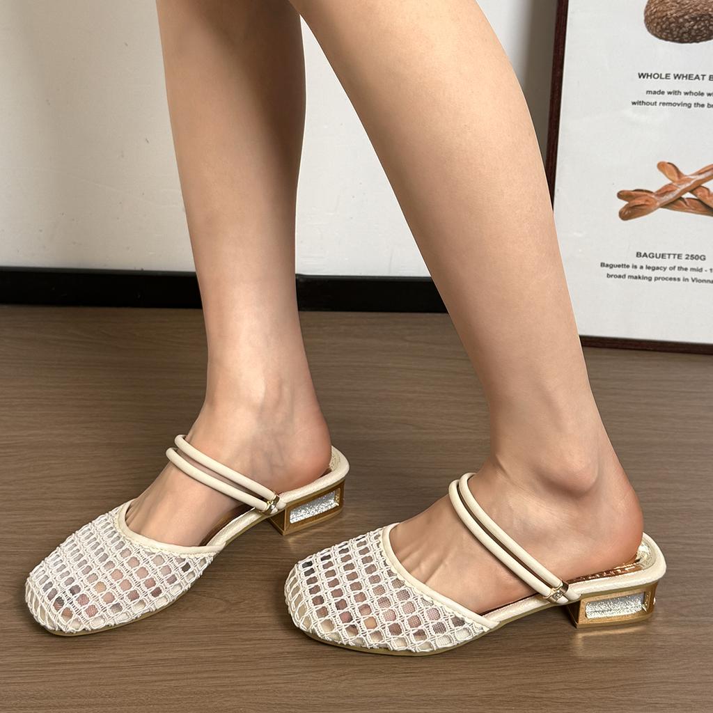 Women Dress Shoes Women's Square Toe Hollow Out Sandals Woman Slipper Designer Flat Elegant Shoe Sheepskin Inner Layer