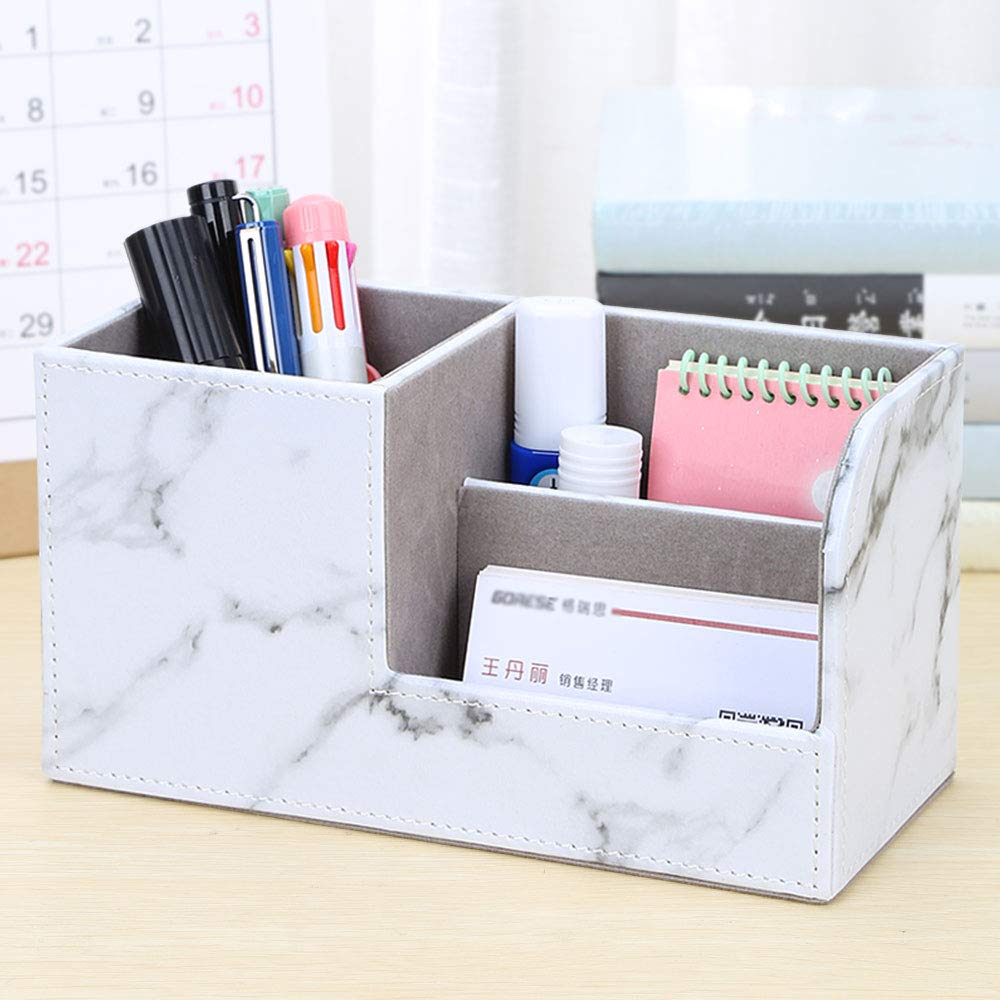 KINGFOM PU Leather Desk Stationery Organizer with Storage and Remote Control Holder Gray Marble Box, Pen/Pencil Stand, (Small, Pattern)