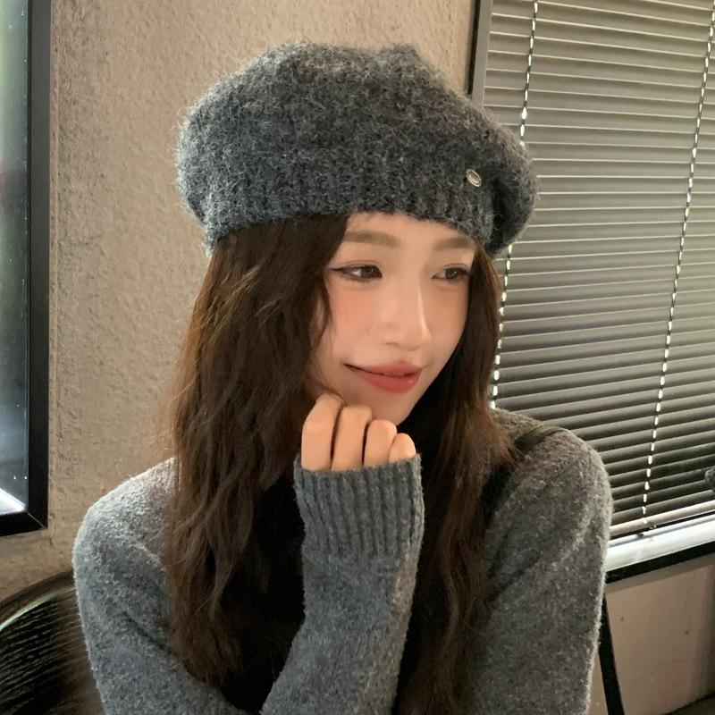 Korean Version of Autumn and Winter Hat for Women's Metal Small Label Knitted Beret Solid Color Versatile Warm Wool Hat Thick New
