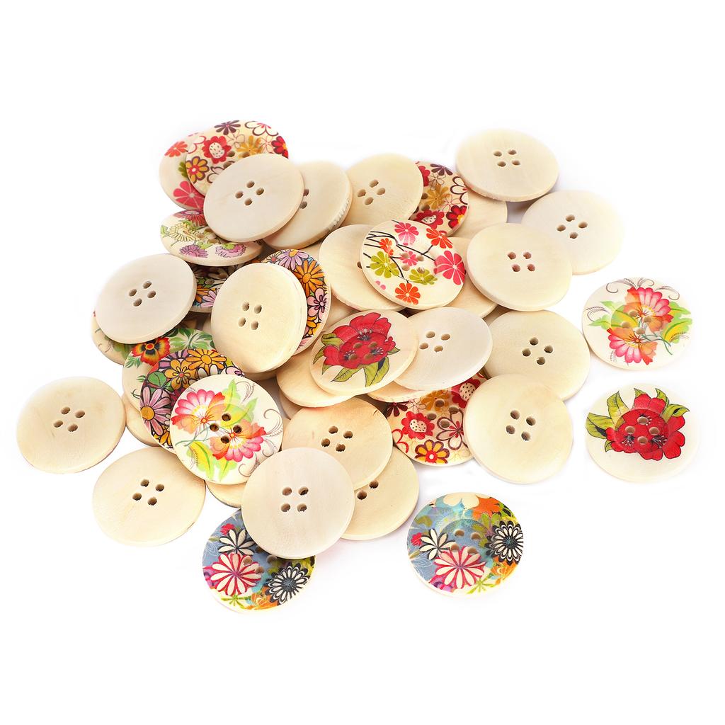 100Pcs Buttons Natural Wood Color Painted Printing Wide Sided DIY Clothing Accessories 30mm