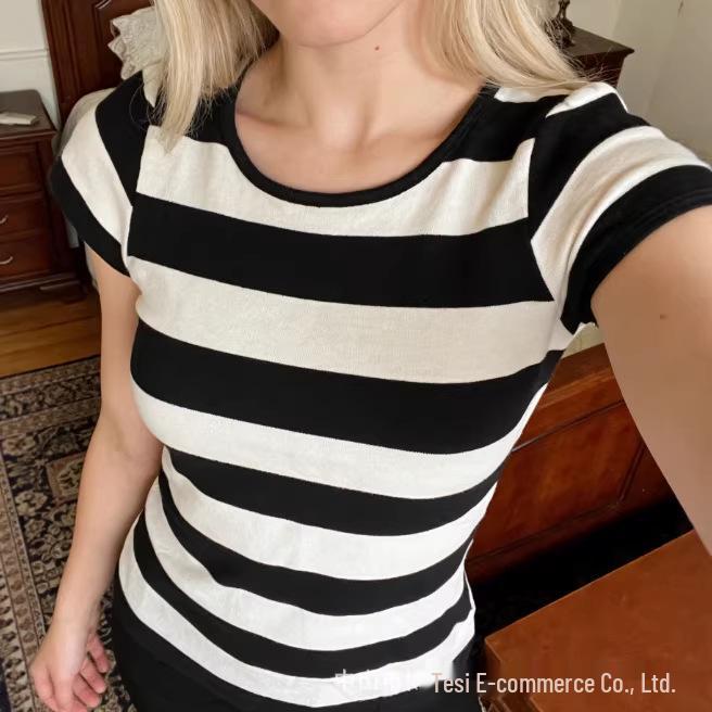 T-shirt w paski Y2K, dopasowany, w stylu amerykańskim, z okrągłym dekoltem