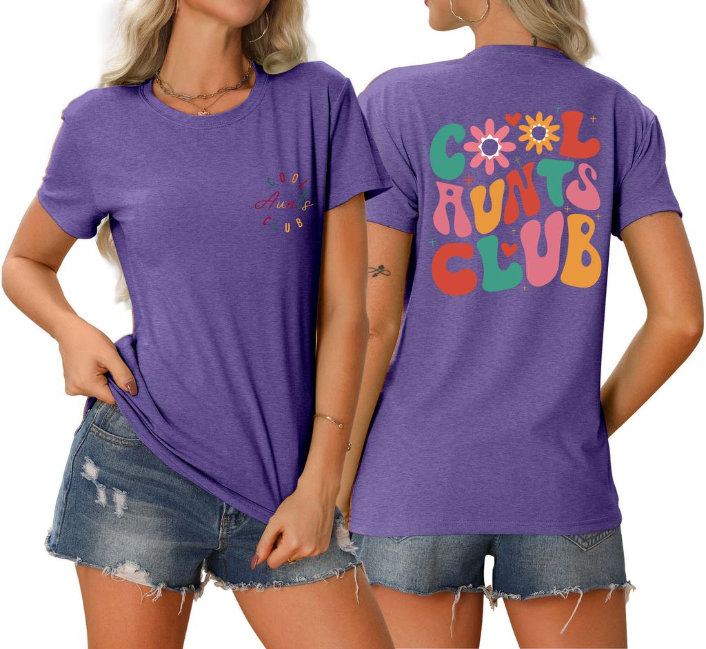 Summer new Womens round neck cool aunts club front and back printed Tshirt loose casual shortsleeved top with a stylish pullo
