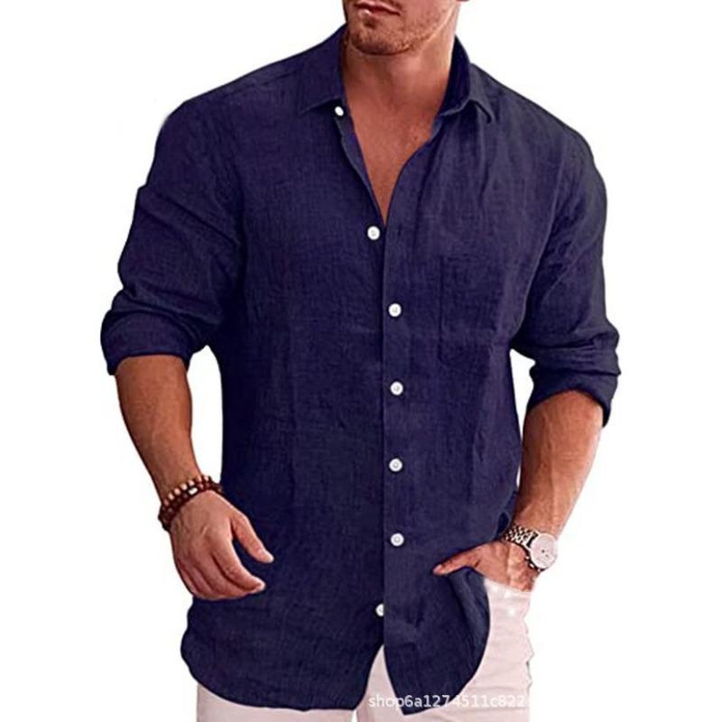 Foreign Trade Men's Loose Large Size Solid Color Shirt Linen Lapel Long Sleeve Casual Shirt Men's