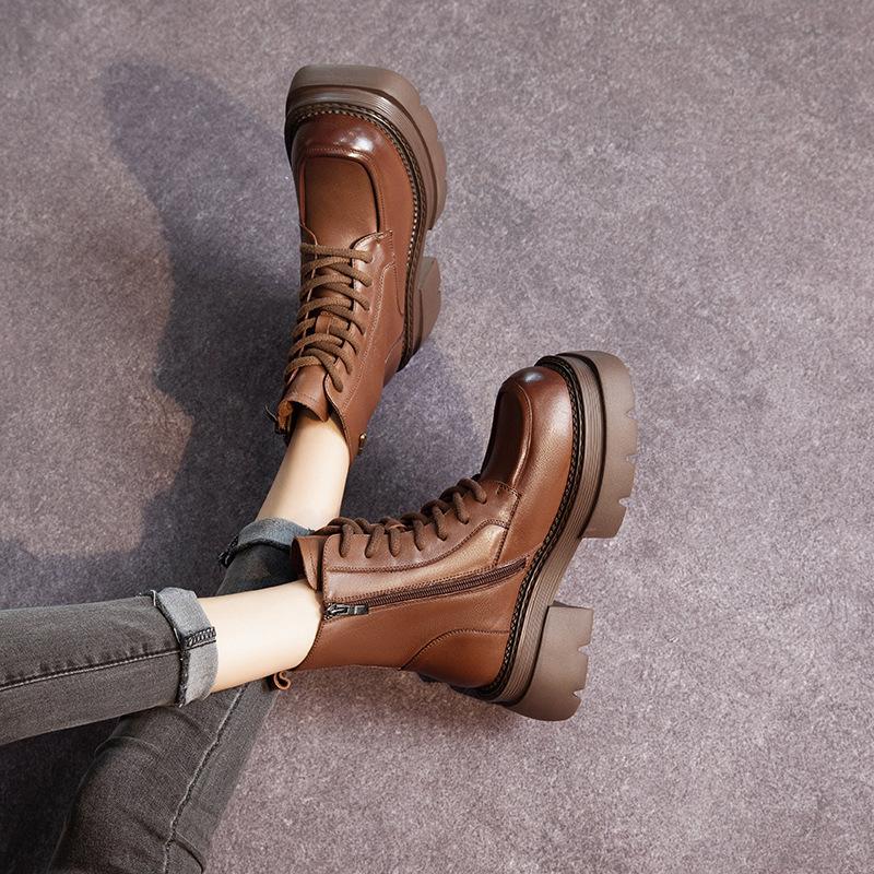The First Layer of Cowhide Martin Boots for Women In the Autumn and Winter of 2025, the New Retro Lace-up Leather Thick-soled Muffin Leather Boots for