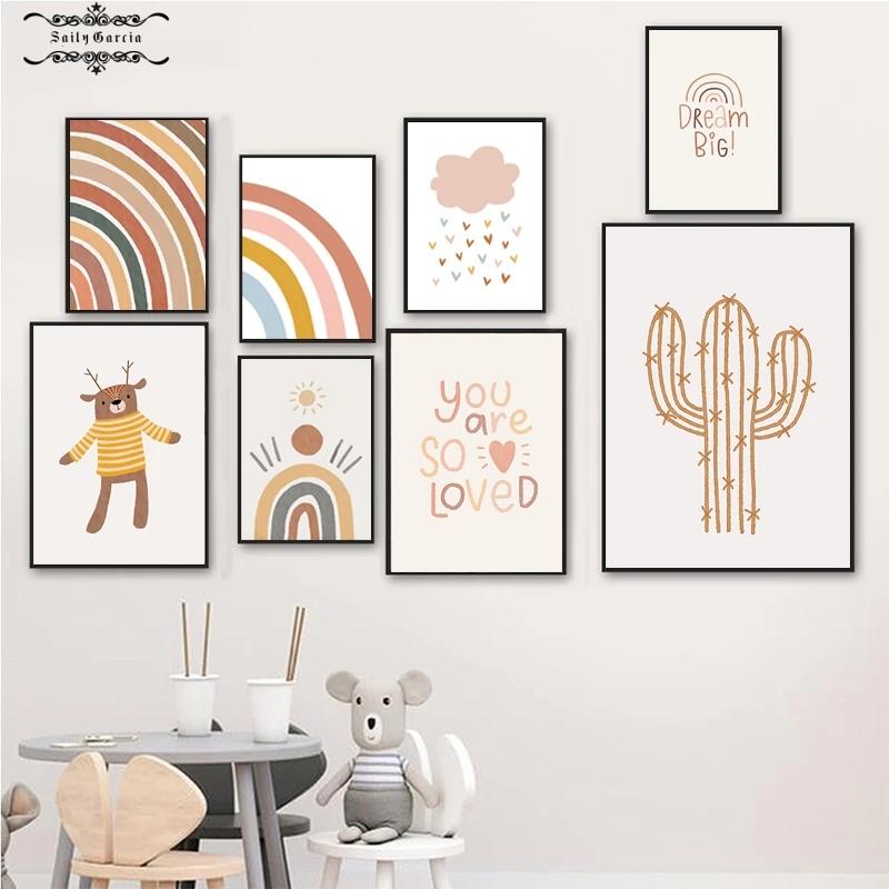 Nursery Wall Umělecká reprodukce Plakát s alpakou Rainbow Painting Sunshine Prints Dětské Boho Plakáty Nordic Wall Pictures for Baby Room Decor