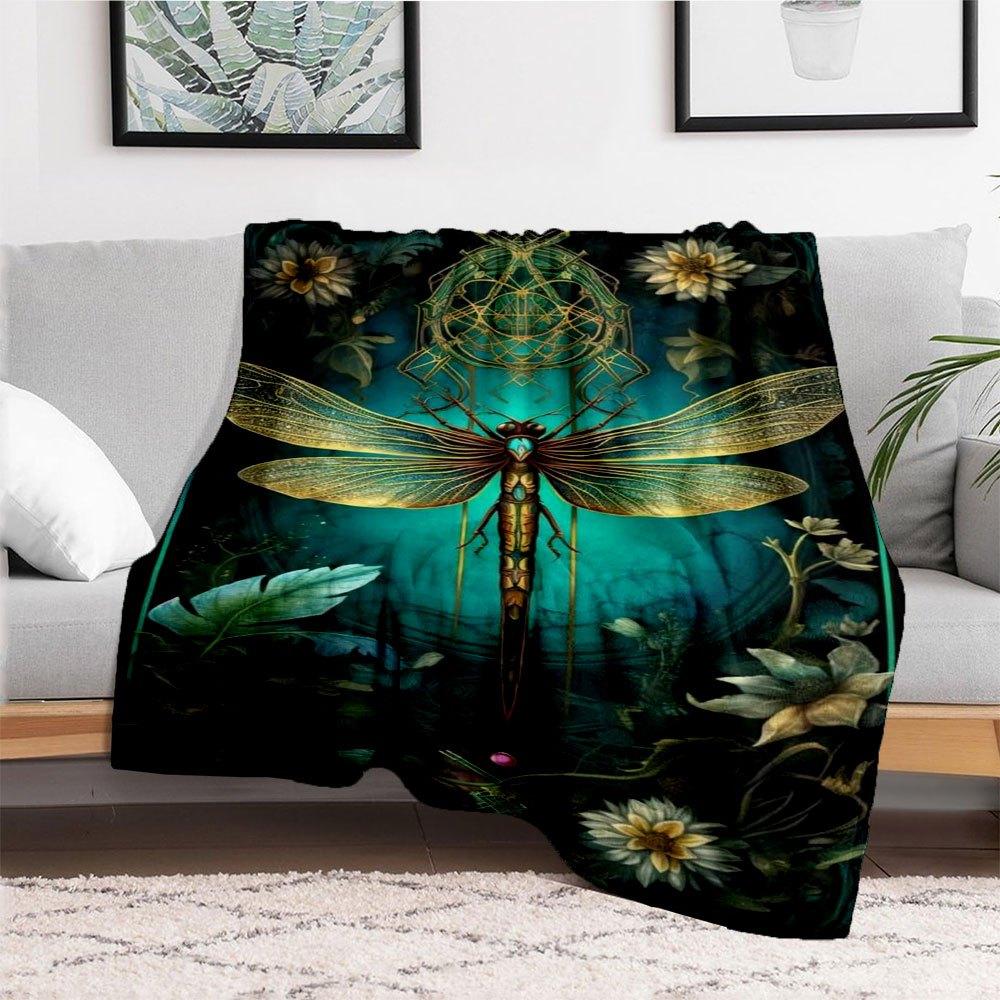"Golden Dragonfly Fantasy Art Print - Nature's Beauty on Canvas"Blanket Flannel Throw Blanket for Sofa, Bed, Travel, Camping, Office, Couch,