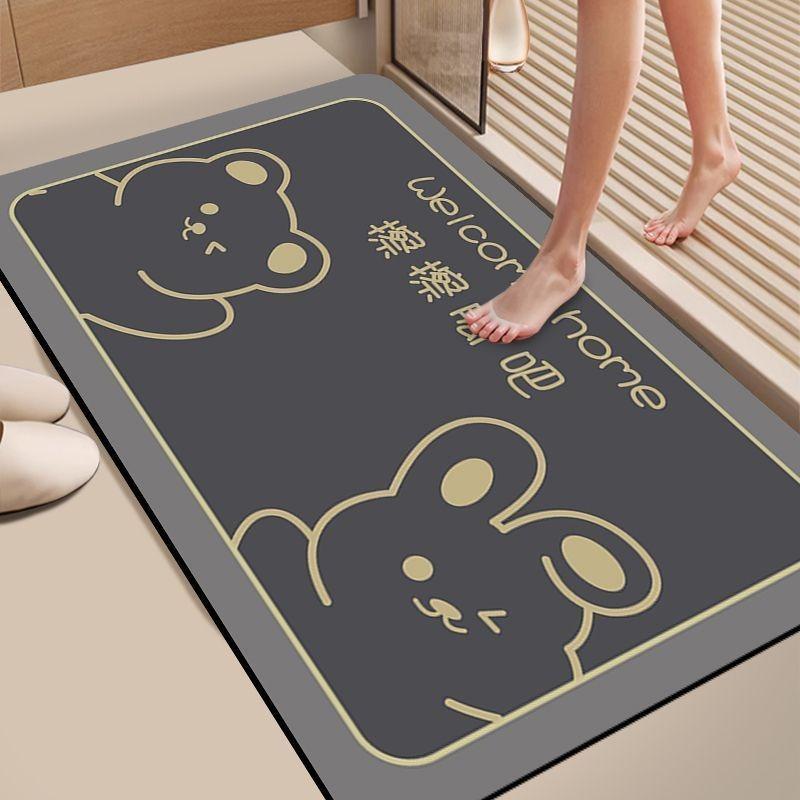 Diatom Mud Bathroom Mat Cartoon Bear Trio Pattern Quick Dry Absorbent Rug Non Slip Toilet Door Mat with “WELCOME HOME” Text