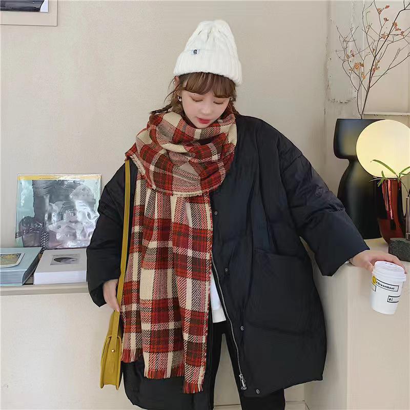 Korean Christmas Style Double-Sided Plaid Imitation Cashmere Scarf - Warm & Retro for Autumn/Winter.