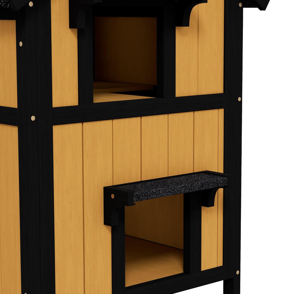 Holz-Katzenhaus mit Blumentopf, Fenstern, mehreren Eingängen, wasserdichtem Dach für den Außenbereich - Gelb